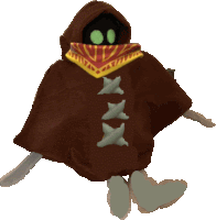 a cartoon character is wearing a brown cape with a yellow scarf around his neck