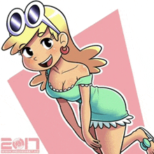 a cartoon of a girl wearing sunglasses and a blue dress