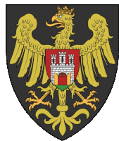 a coat of arms with a golden eagle and a castle on it