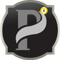 a black and silver logo with the letter p and a pool ball with the number 8 on it