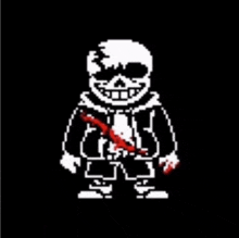 a pixel art of a skeleton holding a red stick .