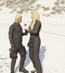 a man is giving a woman a red rose