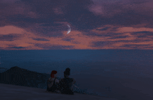 two people sit on a hill looking at a crescent moon