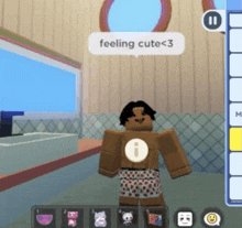 a person is standing in a bathroom in a video game with a message that says `` feeling cute < 3 '' .