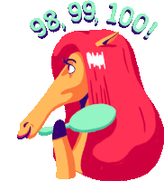 a cartoon drawing of a horse with red hair and the words 98 99 100 below it