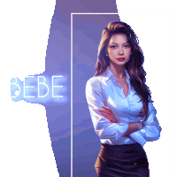 a woman with her arms crossed stands in front of a neon sign that says bebe