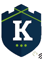 a blue shield with a white letter k on it