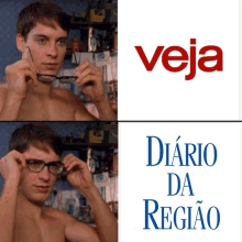 a man adjusts his glasses in front of a veja logo