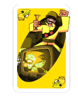 a yellow card with a cartoon character holding a horn