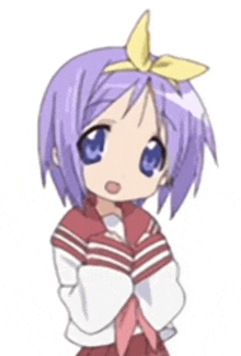 a cartoon girl with purple hair and a yellow bow on her head is standing with her arms crossed .