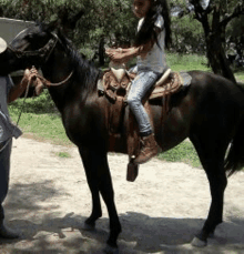 a little girl is riding a black horse