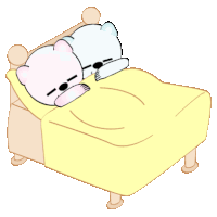 two bears are sleeping on a bed with a yellow blanket