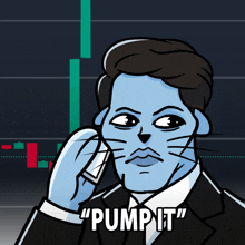 a cartoon of a man in a suit talking on a cell phone with the words " pump it " below him