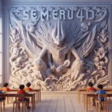 children sit at their desks in front of a mural that says semeru4d