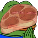 a cartoon frog is holding a large piece of meat in front of his face .