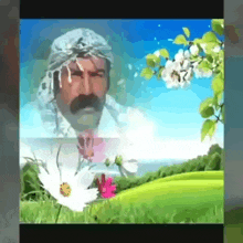 a man with a mustache is surrounded by flowers and grass