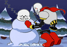 a cartoon of two skeletons making a snowman with the words puricodraws below them