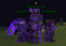 a group of purple minecraft characters are standing in a field