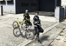 a man with a gun stands next to a man riding a bicycle