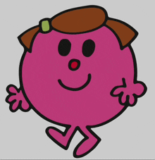 a pink cartoon character with a red nose and a brown hat