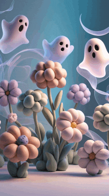 a bunch of flowers with ghosts flying around