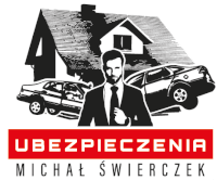 a logo for michal swierczek shows a man standing in front of a house and two cars