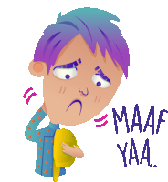 a cartoon of a boy with purple hair holding a banana and the words maaf yaa