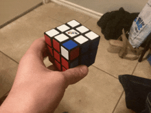 a person holds a rubik 's cube in their right hand