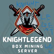 a logo for knight legend box mining server with two crossed swords and a helmet