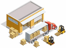 it is an isometric illustration of a warehouse with trucks and forklifts .