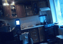 a person holding a cell phone in a kitchen with a stove