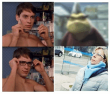 a man without a shirt is putting on glasses and shrek is behind him