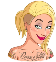 a cartoon drawing of a woman with a tattoo on her chest that says porn star