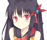 a girl with black hair and red eyes is wearing a cat ear headband