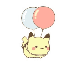 a cartoon pikachu is holding two balloons in its paws .