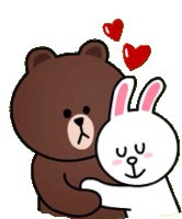 a brown bear and a white rabbit are hugging each other with hearts above them .