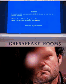 a man is looking at a computer screen that says ' chesapeake rooms ' on the bottom