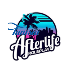 a logo for afterlife roleplay shows a palm tree and a city skyline