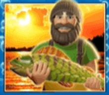 a cartoon man with a beard is holding a large fish .