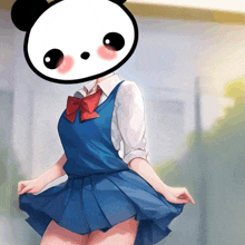 a girl with a panda on her head and a blue skirt