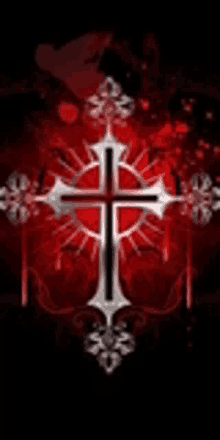 a cross on a red background with a black border