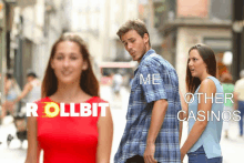 a woman in a red dress is looking at a man in a plaid shirt with the words rollbit on the bottom