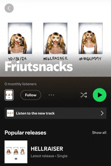 a screenshot of a spotify app showing the latest release of hellraiser fruitsnacks