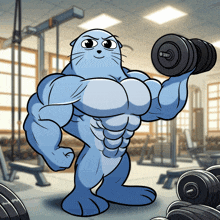 a cartoon drawing of a cat holding a dumbbell in a gym