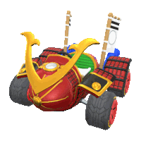 a red and yellow toy car with a samurai helmet on the back