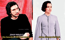 a man and a woman are standing next to each other and the man is talking about daisy ridley .