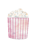 a pink and white striped container of popcorn on a white background