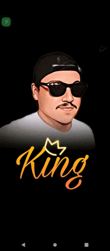 a cartoon of a man wearing sunglasses and a hat with the word king on the bottom