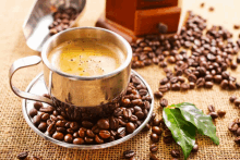 a cup of coffee is sitting on a saucer surrounded by coffee beans