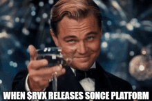 a man in a tuxedo is holding a glass of wine with the caption when $ rvx releases once platform